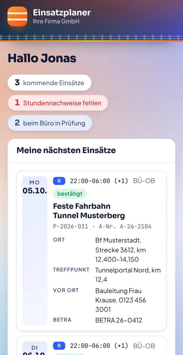 Mitarbeiter-App: Begrüßung, drei kommende Einsätze, ein fehlender Stundennachweis und bestätigte Nachtschichten