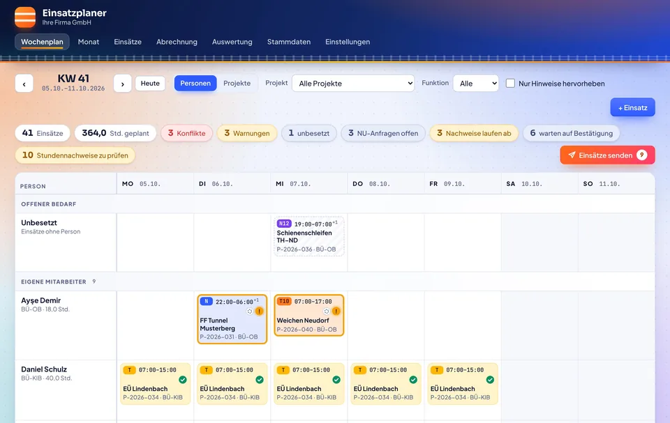 Wochenplan der Einsatzplanung im Browser